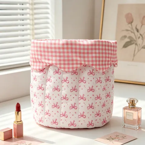 Pink Bowknot Quilted Fabric Desktop Storage Basket Ins Style Foldable Cloth Sundries Organizer Bag For Home Kitchen Office