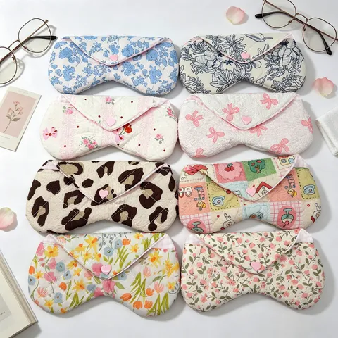 Quilted Fabric Eyeglasses Bag Soft Padded Glasses Case With Heart Button Floral Bowknot Print Portable Travel Storage Pouch