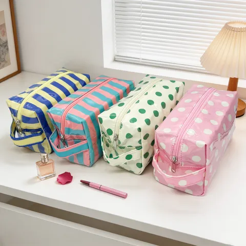 Bolsa de Maquillaje a Rayas de PVC Impermeable Gran Capacidad Estuche Portátil de Almacenamiento de Cosméticos para Mujer