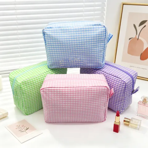 Bolsa de Cosméticos Grande Seersucker a Cuadros Neceser de Viaje Portátil para Mujer Organizador de Maquillaje