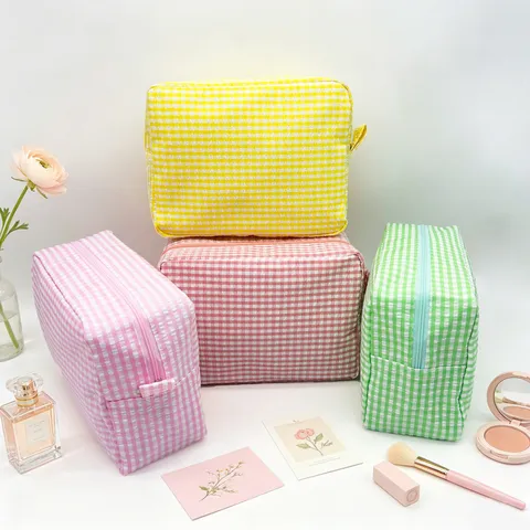 Bolsa de Cosméticos Grande Seersucker a Cuadros Neceser de Viaje Portátil para Mujer Organizador de Maquillaje