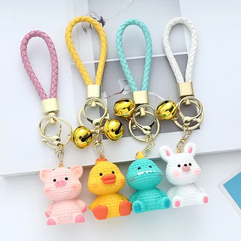 Cute Resin Animal Keychain With Imitation Knit Texture Cartoon Pig Rabbit Dinosaur Bag Charm Adorable Adornment With Bell Braided Strap Gift