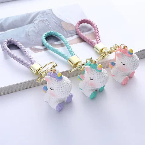 Cute Cartoon Resin Unicorn Keychain Colorful Pony Bag Pendant Key Ring With Braided PU Rope For Couples Women Girls Gift