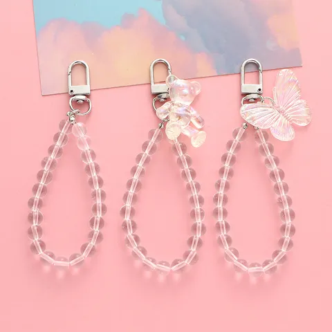Klarer Acryl Künstliche Perle Schlüsselanhänger Transparent Beaded Schlüsselkette Mit Holographischem Bär Schmetterling Charme Für Auto Tasche Anhänger Geschenk