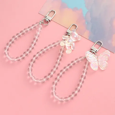 Klarer Acryl Künstliche Perle Schlüsselanhänger Transparent Beaded Schlüsselkette Mit Holographischem Bär Schmetterling Charme Für Auto Tasche Anhänger Geschenk