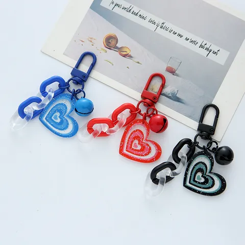 Cute Acrylic Heart Bell Keychain Glitter Sequin Colored Chain Bag Pendant Car Keyring For Couple Bestie Gift