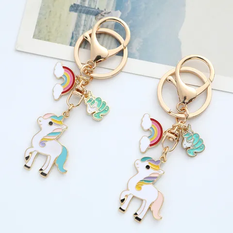 Cute Cartoon Rainbow Unicorn Keychain Zinc Alloy Enamel Pony Key Ring For Bag Charm Car Pendant Couples Lovers Gift