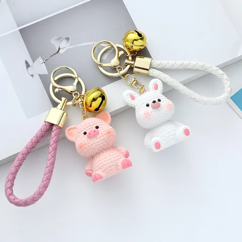 Cute Resin Animal Keychain With Imitation Knit Texture Cartoon Pig Rabbit Dinosaur Bag Charm Adorable Adornment With Bell Braided Strap Gift