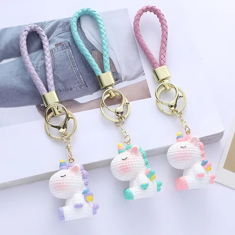 Cute Cartoon Resin Unicorn Keychain Colorful Pony Bag Pendant Key Ring With Braided PU Rope For Couples Women Girls Gift
