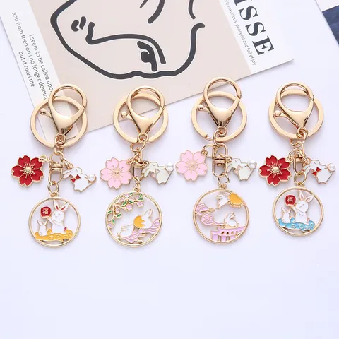 Cute Cartoon Rabbit Zinc Alloy Keychain Enamel Bunny Flower Moon Pendant Artificial Pearl Bag Charm Women Girl Gift