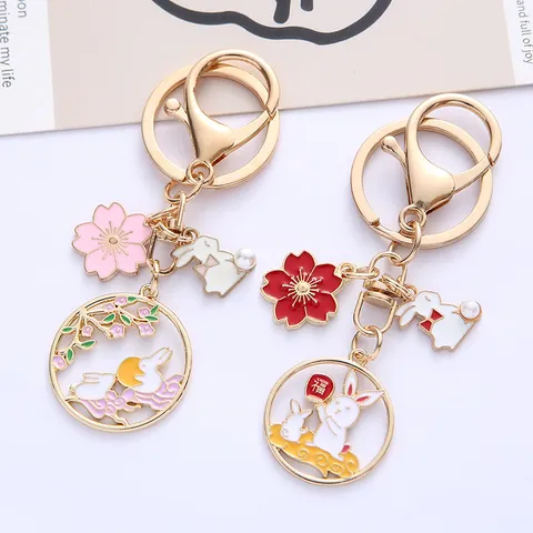 Cute Cartoon Rabbit Zinc Alloy Keychain Enamel Bunny Flower Moon Pendant Artificial Pearl Bag Charm Women Girl Gift