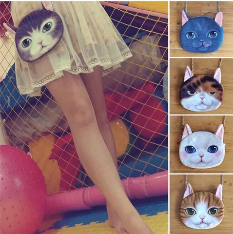 Bolso Bandolera con Cadena de Cara de Gato Realista 3D para Mujer Bolso de Hombro de Nailon con Estampado de Animal y Orejas 3D