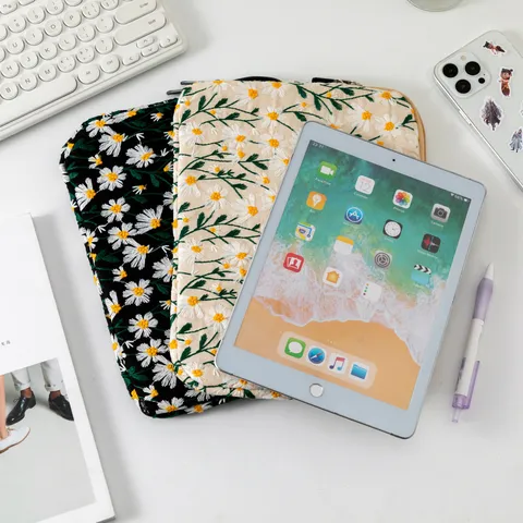 Funda Acolchada de Poliéster con Bordado de Margaritas para Portátil y Tableta Protección Antigolpes para Dispositivos
