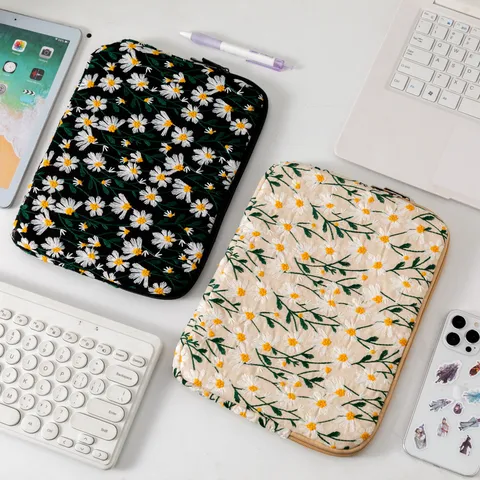 Funda Acolchada de Poliéster con Bordado de Margaritas para Portátil y Tableta Protección Antigolpes para Dispositivos