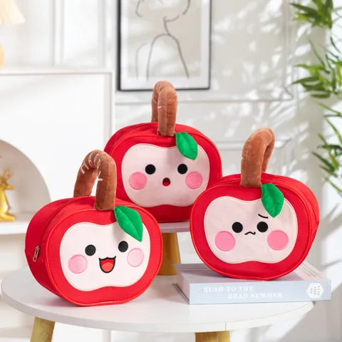 Cute Red Apple Shape Handbag Plush Embroidery Cartoon Pouch For Women Girls Wedding Party Favor Cosmetic Candy Storage Bag