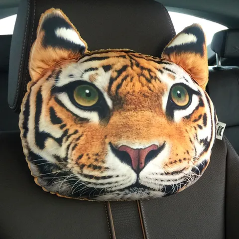 3D Animal Printed Car Headrest Neck Pillow Cartoon Cat Tiger Plush Neck Support Cushion With Activated Carbon Air Purifier