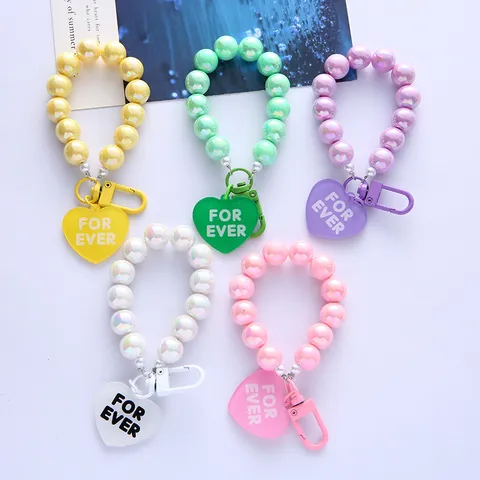 Handmade UV Plated Acrylic Bead Keychain Heart Pendant For Ever Letter Phone Case Charm Strap For Women Gift Accessory