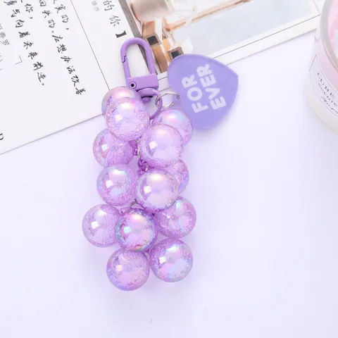 Creative Aurora Acrylic Beaded Grape Keychain Pendant Colorful Simulation Fruit Bag Ornament With Heart Tag Car Key Ring