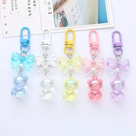 Cute Gradient Acrylic Bear Keychain Charm With Iridescent Bowknot And Artificial Pearl Bag Ornament For Women Girls Key Accessory