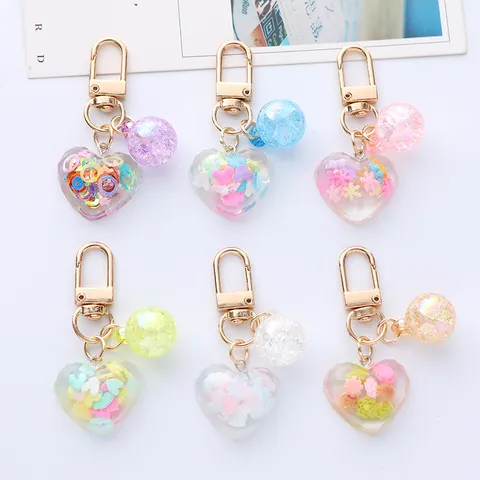 Kawaii Acrylic Heart Keychain Colorful Sequins Artificial Pearl Pendant Iridescent Bag Charm For Women Girls Gift