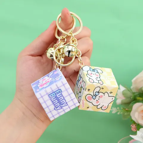 Cute Cartoon Rabbit Magic Cube Keychain Pendant Plastic Alloy Car Keyring Schoolbag Ornament With Bell For Friends Kids Gift