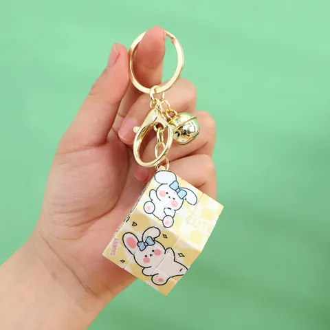 Cute Cartoon Rabbit Magic Cube Keychain Pendant Plastic Alloy Car Keyring Schoolbag Ornament With Bell For Friends Kids Gift