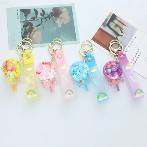 Creative Acrylic Oil Filled Lollipop Keychain Glitter Liquid Bag Charm With PVC Wish Wrist Strap Cute Cartoon Key Ring