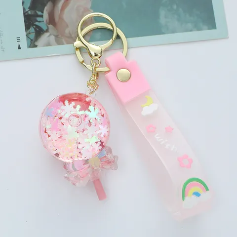 Creative Acrylic Oil Filled Lollipop Keychain Glitter Liquid Bag Charm With PVC Wish Wrist Strap Cute Cartoon Key Ring