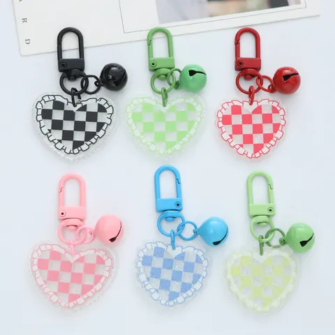 Fresh Heart Acrylic Checkerboard Keychain With Bell Cute Sweet Bag Pendant Car Keyring Headphone Case Decorative Charm