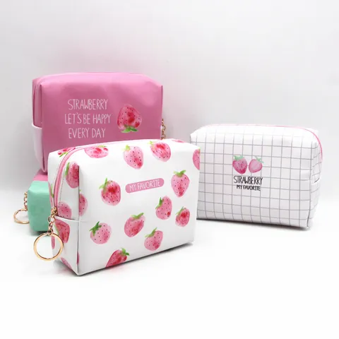 Neceser De Cuero PU Impermeable Estilo Coreano Con Patrón De Fresa Gran Capacidad Bolsa De Cosméticos De Viaje Portátil Para Mujeres