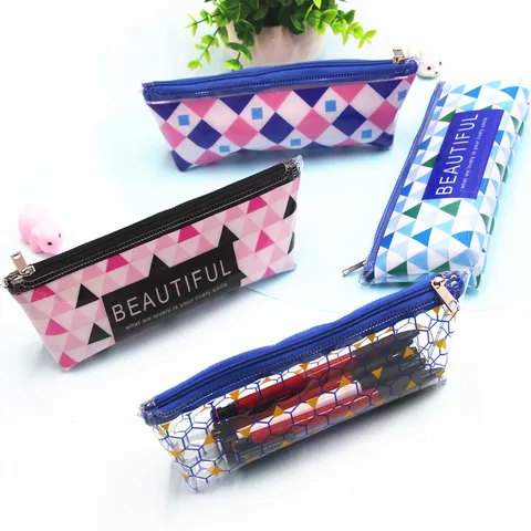 Estuche de Lápices de PVC Transparente Lindo Animal de Dibujos Animados Patrón Geométrico Gran Capacidad Bolsa de Almacenamiento de Papelería Impermeable Con Cremallera