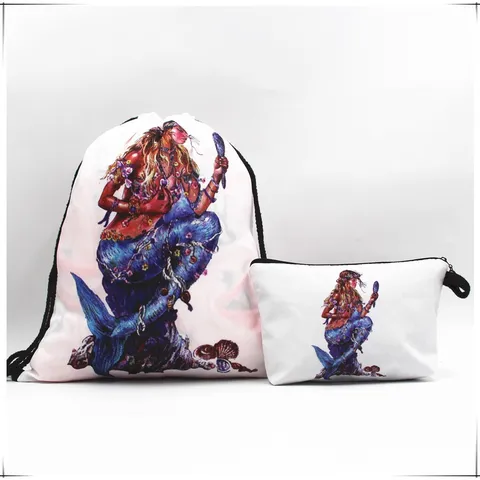 Mochila con Cordón de Tela Oxford con Estampado de Sirena Unicornio con Bolsa de Cremallera a Juego Juego de 2 Piezas Para Viajes Compras