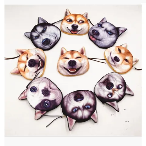 Cute 3D Dog Head Plush Coin Purse Mini Wallet Zipper Key Pouch For Women Girls Portable Small Change Bag Animal Face Pattern