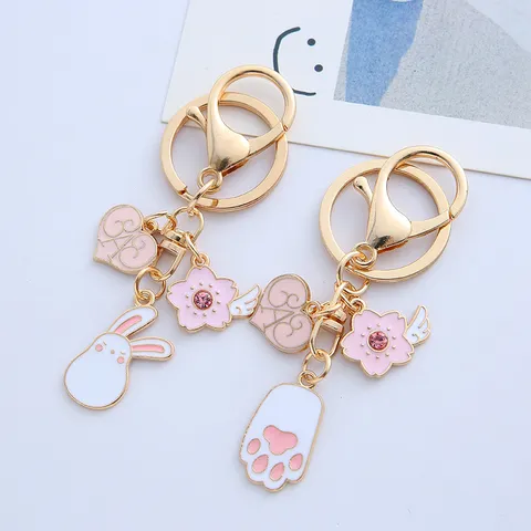 Cute Korean Style Pink Rabbit Zinc Alloy Keychain Rhinestone Cherry Blossom Heart Enamel Bag Pendant Keychain For Women Girls