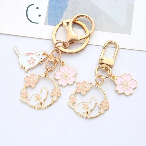 Cute Cat Rabbit Metal Keychain Enamel Cherry Blossom Sakura Pendant Bag Charm Zinc Alloy Gold Keyring Gift For Women Girls