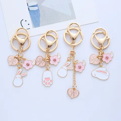 Cute Korean Style Pink Rabbit Zinc Alloy Keychain Rhinestone Cherry Blossom Heart Enamel Bag Pendant Keychain For Women Girls