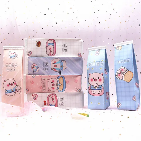 Estuche de Lápices de Caja de Leche de Cerdo de Dibujos Animados Creativo Bolsa de Almacenamiento de Cuero PU Lindo para Estudiantes