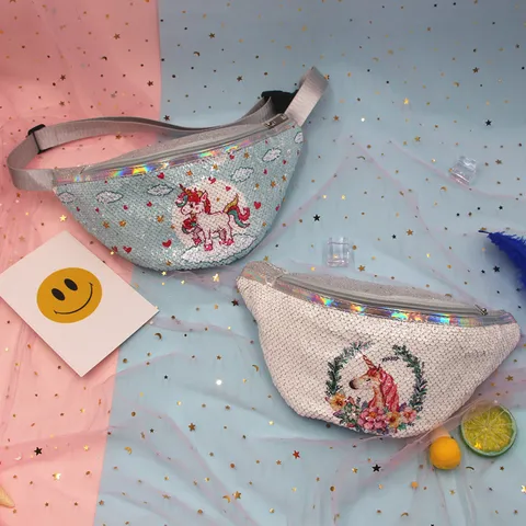 Linda Riñonera de Lentejuelas de Unicornio de Dibujos Animados para Niños Adolescentes Bolsa de Cintura de Brillo Con Correa Ajustable Bolso de Pecho