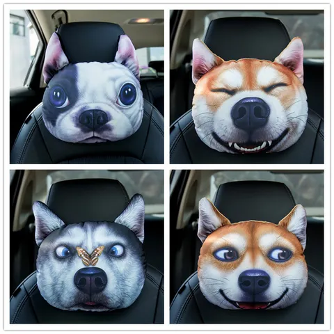 Reposacabezas de Coche 3D Realista Cara de Perro Felpa Suave Almohada Cervical Animal Con Bolsa de Carbón Activo Decoración