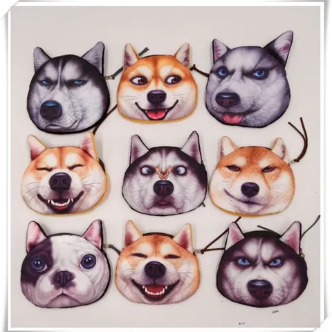 Cute 3D Dog Head Plush Coin Purse Mini Wallet Zipper Key Pouch For Women Girls Portable Small Change Bag Animal Face Pattern