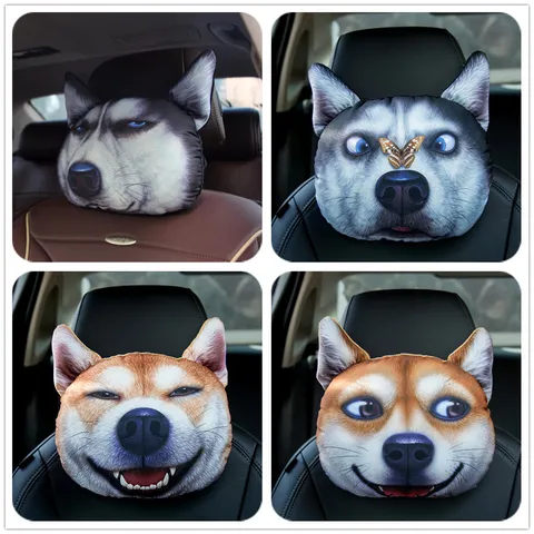 Reposacabezas de Coche 3D Realista Cara de Perro Felpa Suave Almohada Cervical Animal Con Bolsa de Carbón Activo Decoración
