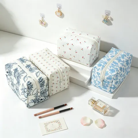 Koreanischer Stil Cord Blumen Kosmetiktasche Große Kapazität Tragbare Reise Kulturbeutel Reißverschluss Aufbewahrungstasche Für Damen