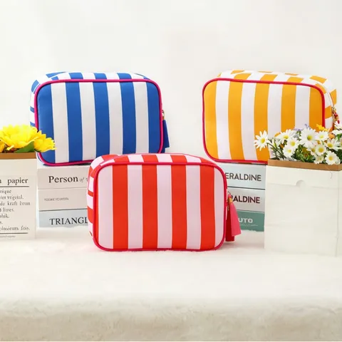 Borsa Trucco a Strisce Stile Occidentale Con Nappa Impermeabile Grande Capacità Beauty Case da Viaggio Organizer Cosmetici Portatile