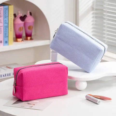 Grote Capaciteit Wafelpatroon Make-up Tas Dames Draagbare Reis Toilettas Minimalistische Polyester Cosmetica Opbergtas