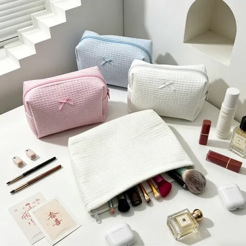Neceser de Tela de Gofre con Lazo Gran Capacidad Dulce Fresco Portátil Viaje Bolsa de Almacenamiento Cosmético para Mujer con Cremallera