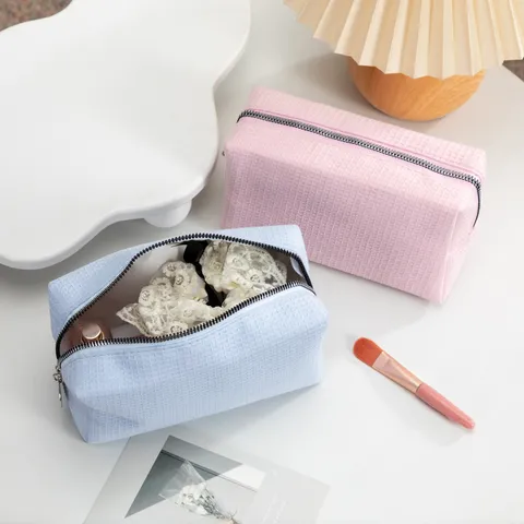 Waffle Textured Large Capacity Cosmetic Bag Solid Color Portable Travel Toiletry Bag Minimalist Makeup Storage Pouch