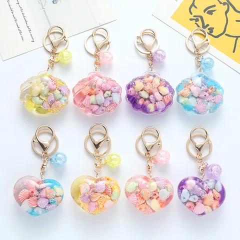 Creative Shell Heart Liquid Quicksand Keychain Dreamy Drift Bottle Bag Pendant Alloy Keyring Women Girls Hanging Decor