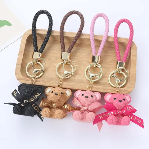 Resin Woven Texture Bear Keychain Cute Cartoon Animal Bag Pendant With Braided PU Strap Ribbon Bow For Backpack Keys Gift