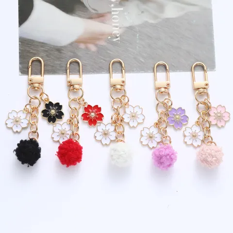 Japanese Style Cherry Blossom Pom Pom Keychain For Women Cute Flower Enamel Bag Charm Phone Case Pendant Zinc Alloy Accessory