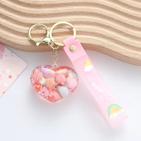 Creative Heart Quicksand Liquid Keychain Fashion Bag Charm Cute Shell Pattern Keyring Gift For Couples And Friends